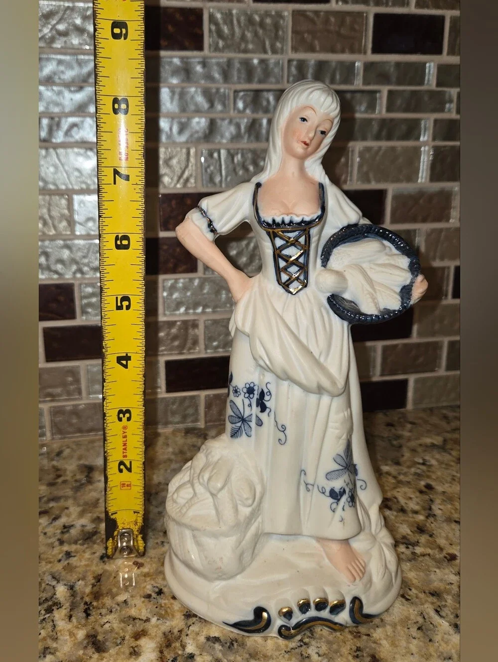 VTG Porcelain Village Girl White Navy Blue & Gold Trim With Basket 8.5